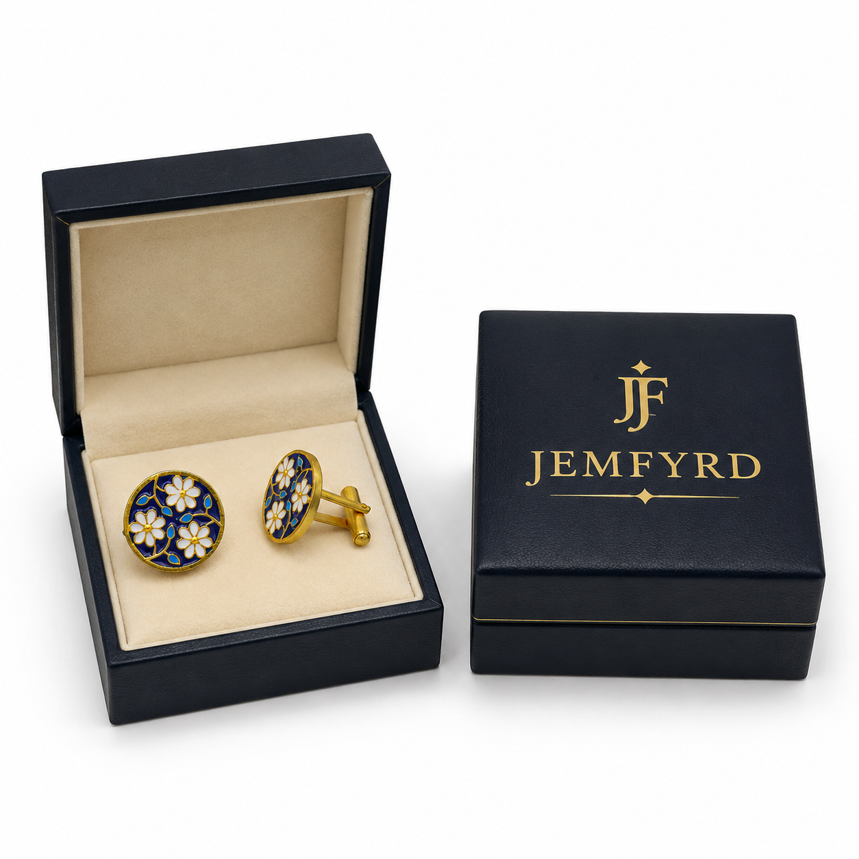 Round White & Blue Flower and Stem Enameled Flash Gold Plated Cufflinks