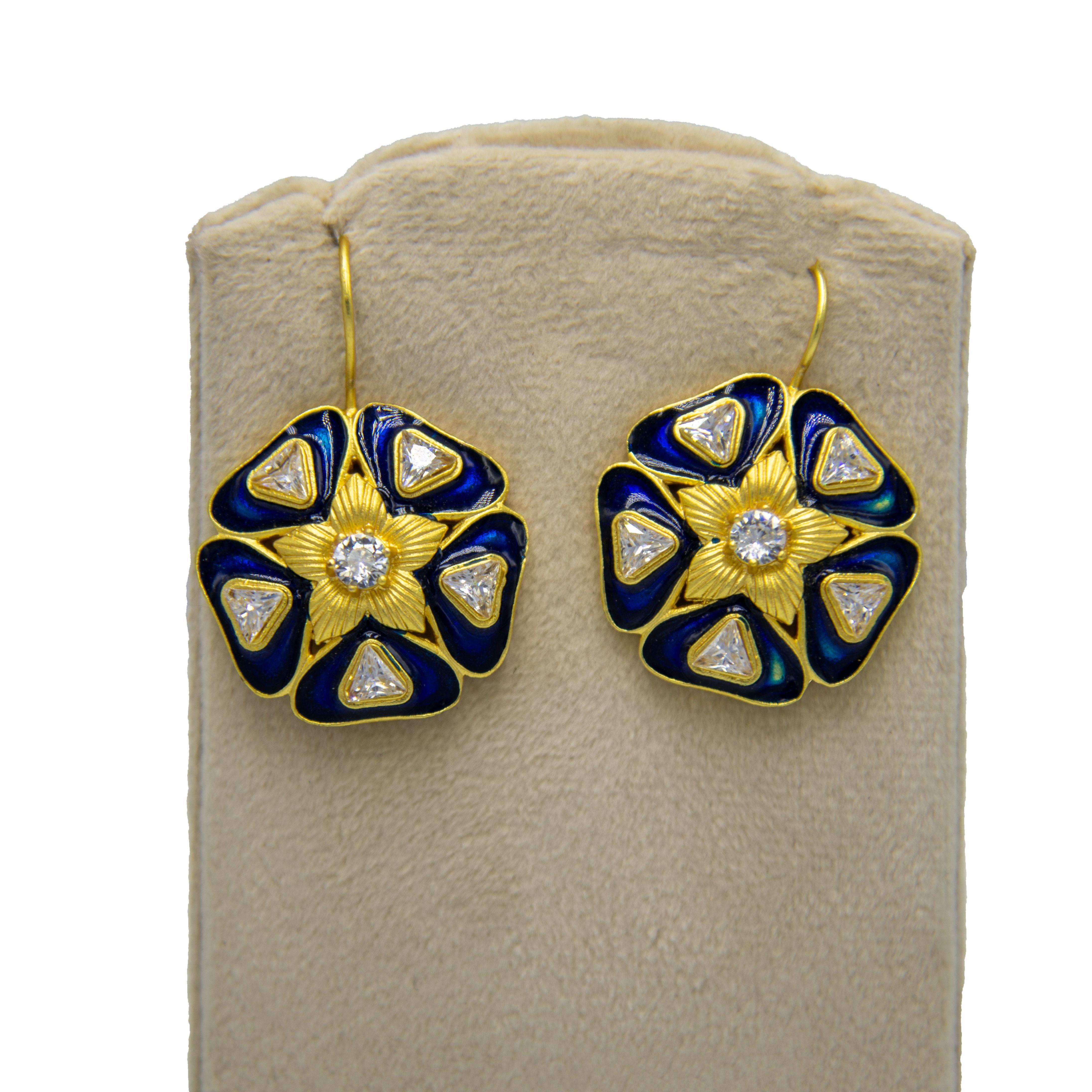 Enameled Stylized flower earrings Flash Gold Plated