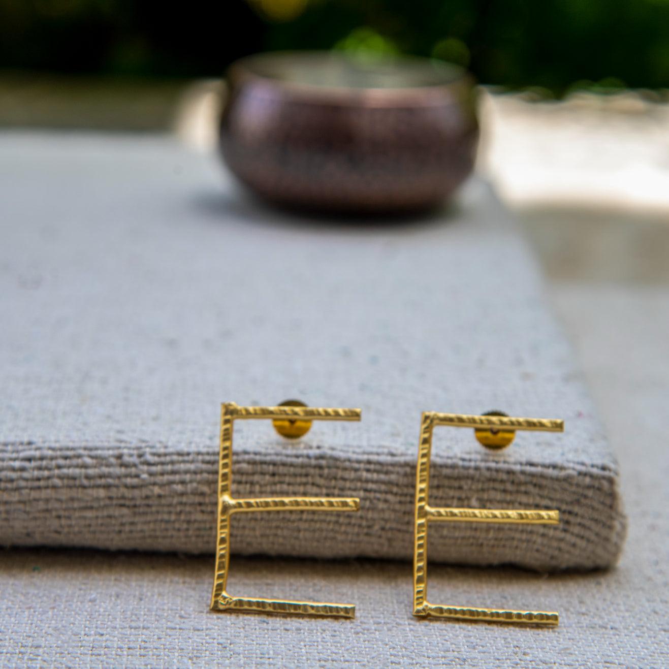 English Alphabet "E" Brass Earring