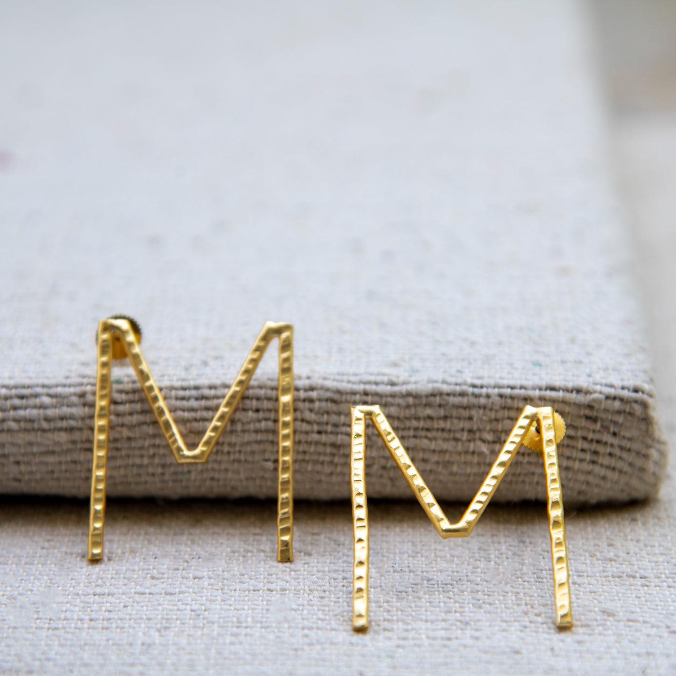 English Alphabet "M" Brass Earring