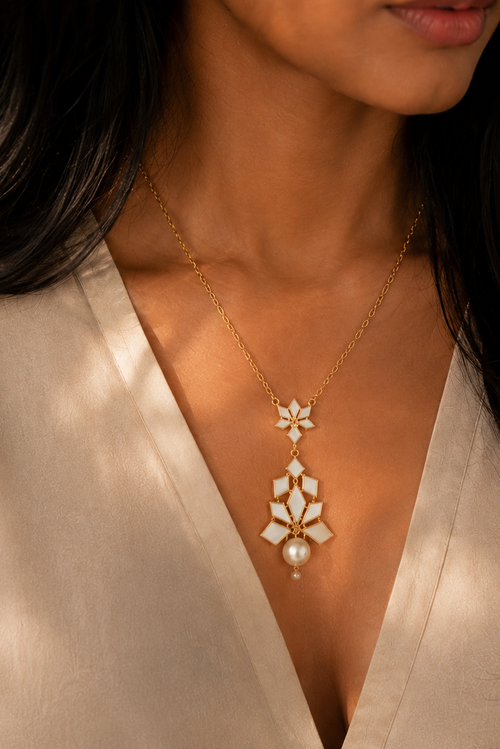 Mother of Pearl Brass Flash Gold Plating Enameled Necklace