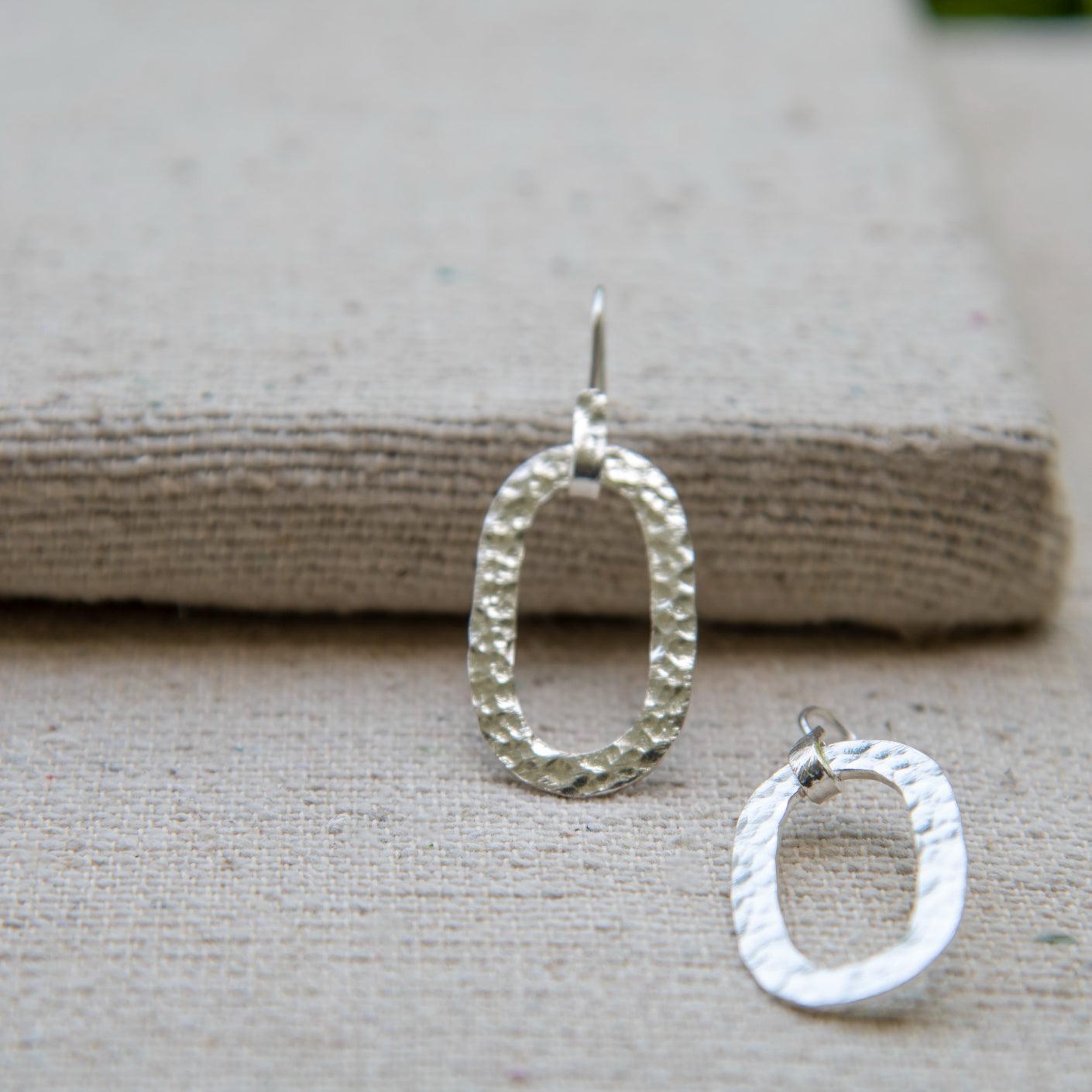 Hammered Oval Dangle Silver Earring
