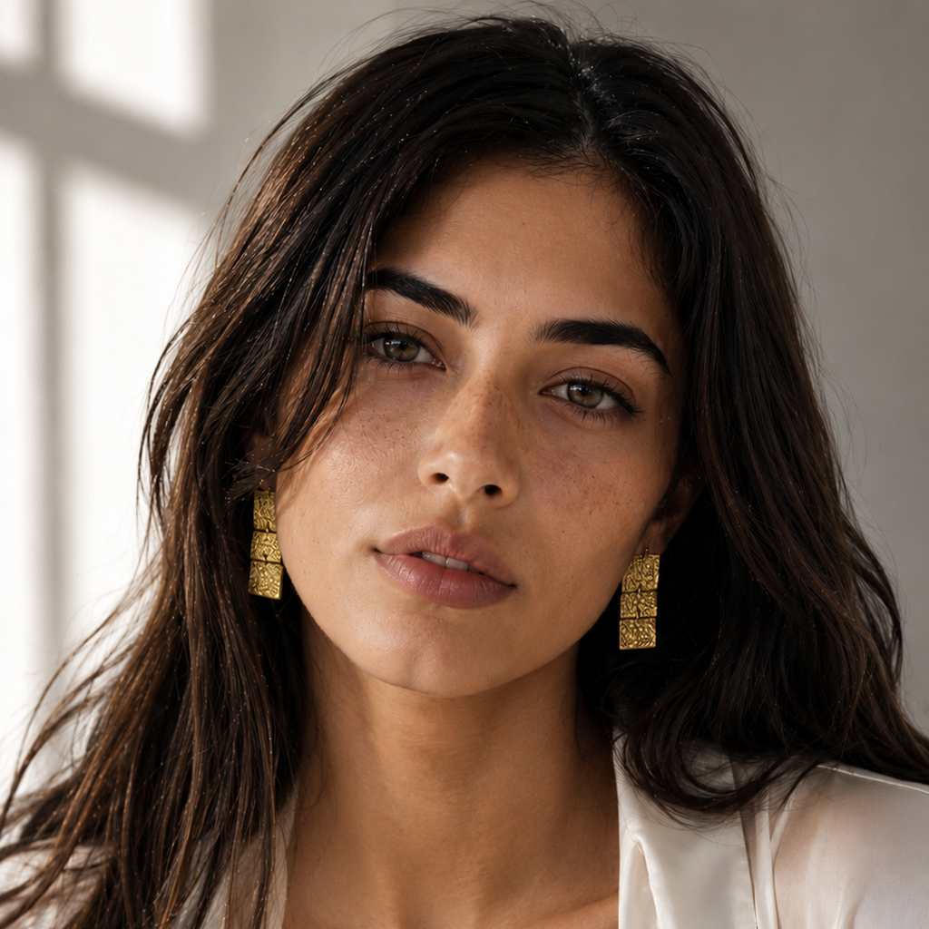 Hand Hammered Square Dangler Flash Gold Plated Stud Earring