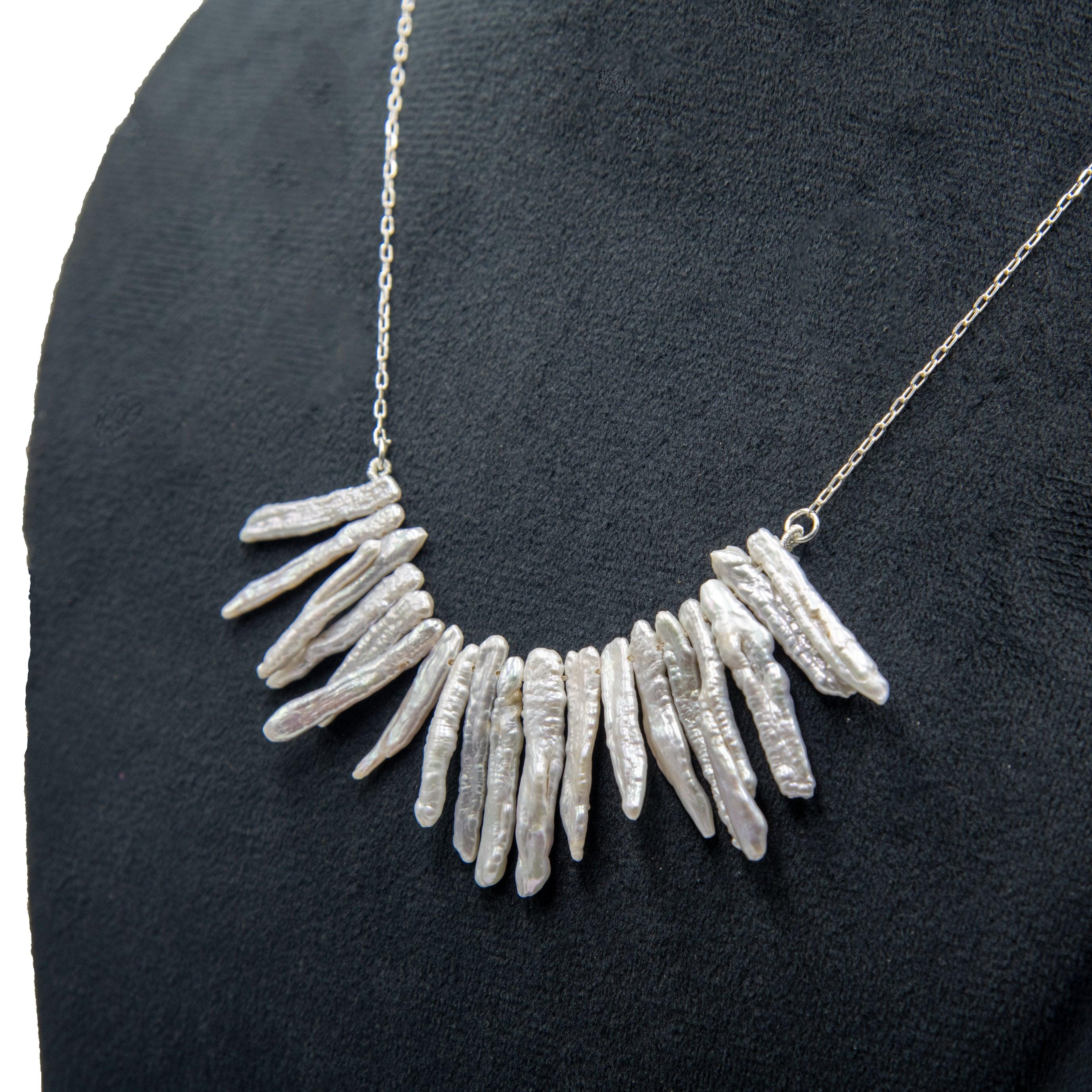 Natural Long Biwa Pearl Silver Plated Chain Necklace