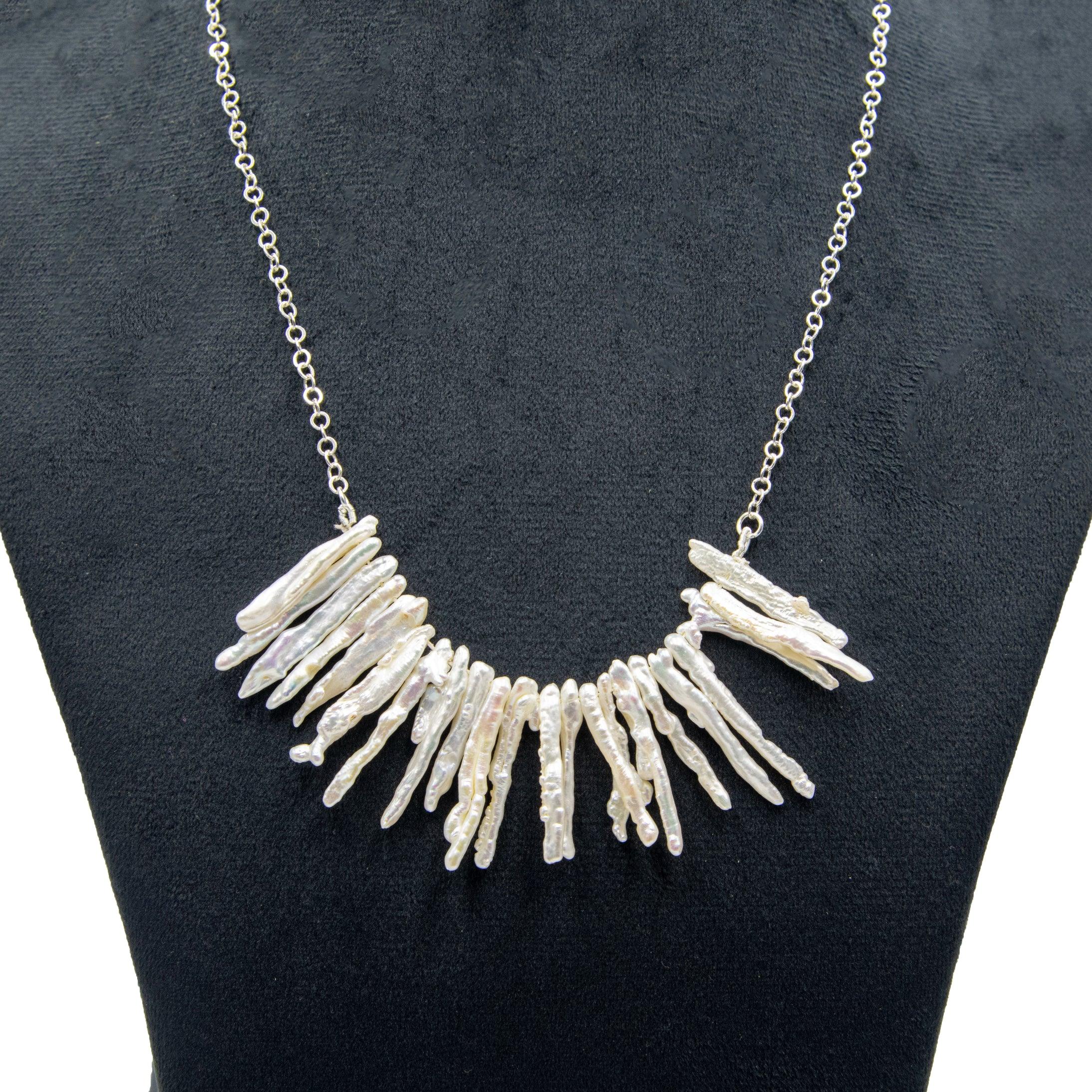 Natural Long Biwa Pearl Silver Plated Chain Necklace