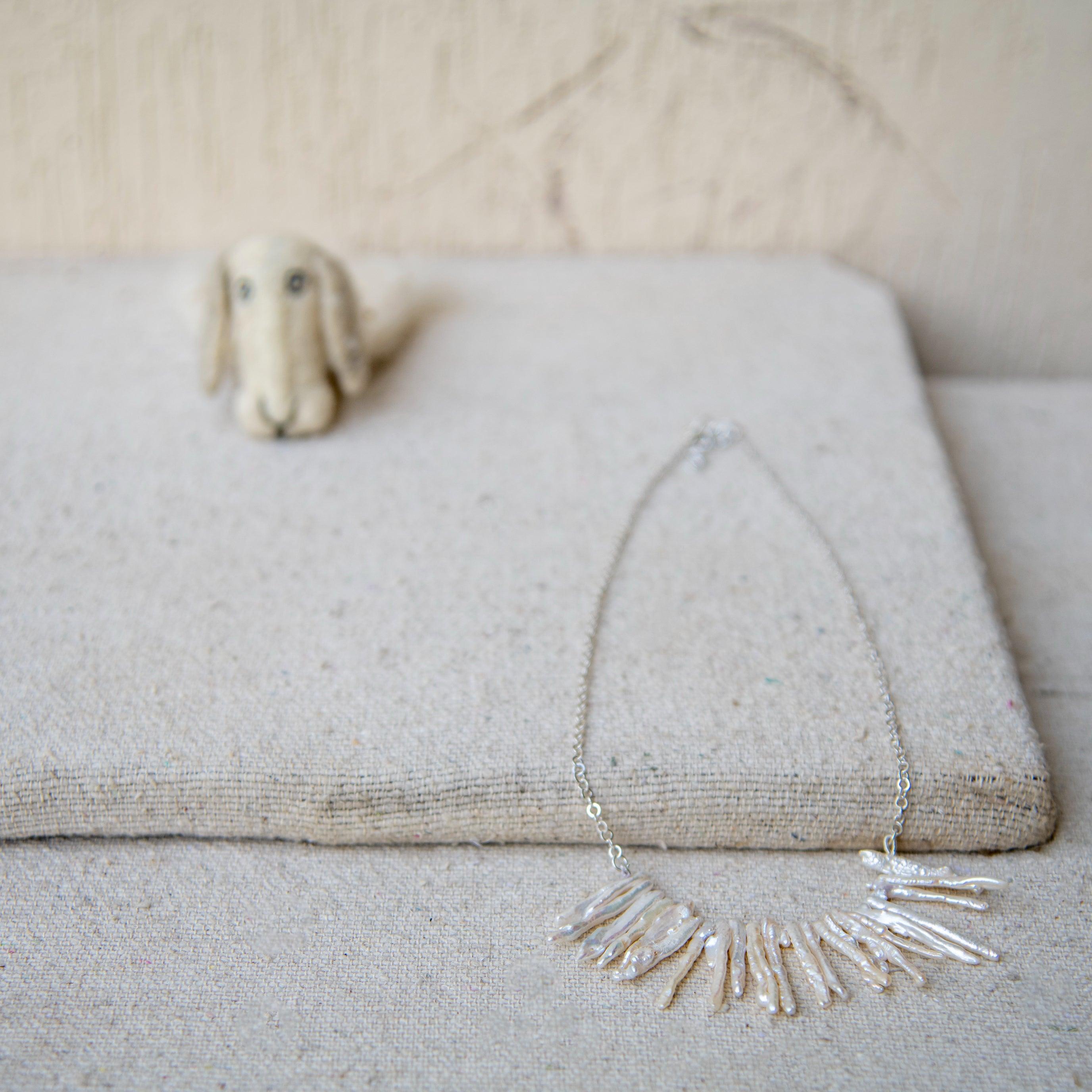 Natural Long Biwa Pearl Silver Plated Chain Necklace