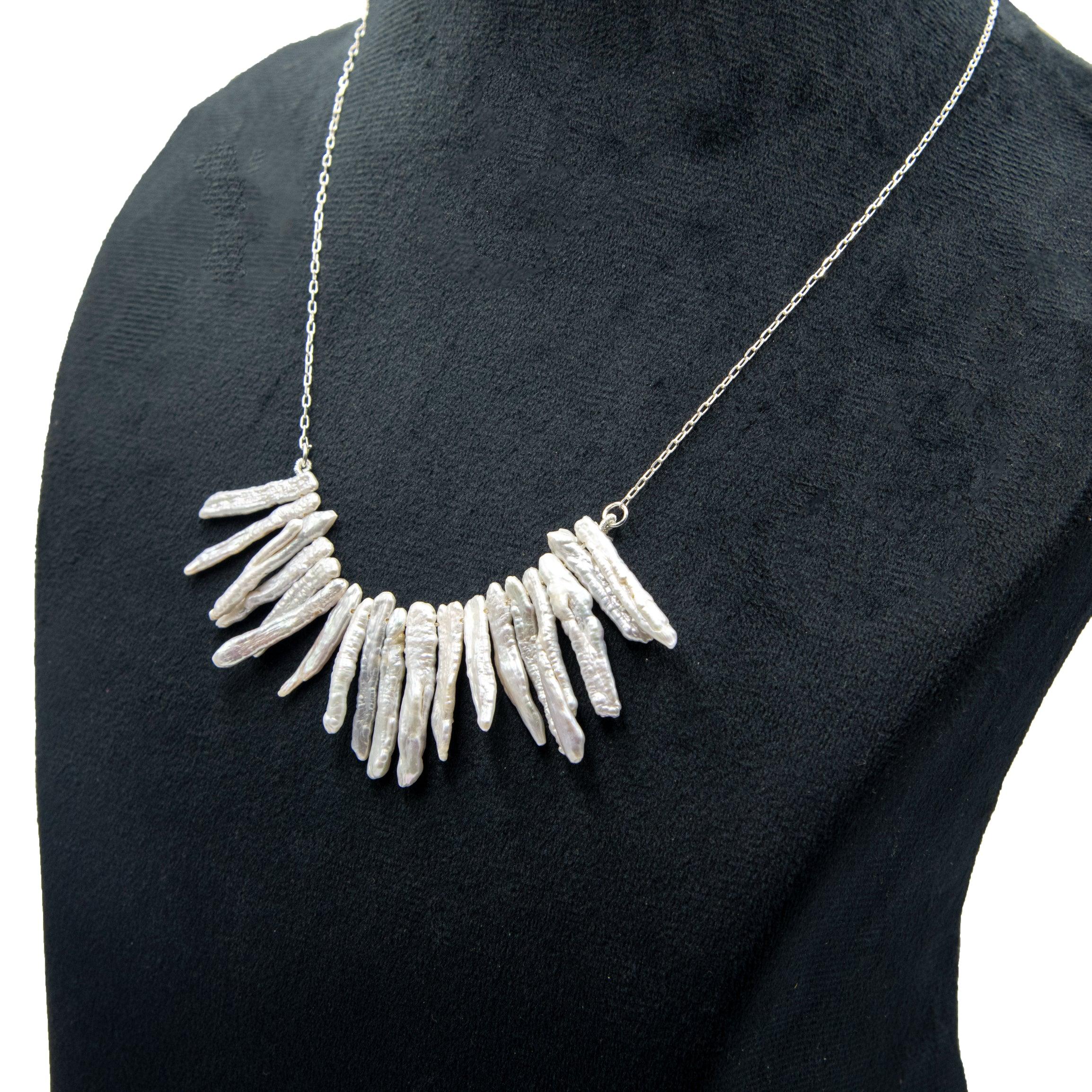 Natural Long Biwa Pearl Silver Plated Chain Necklace