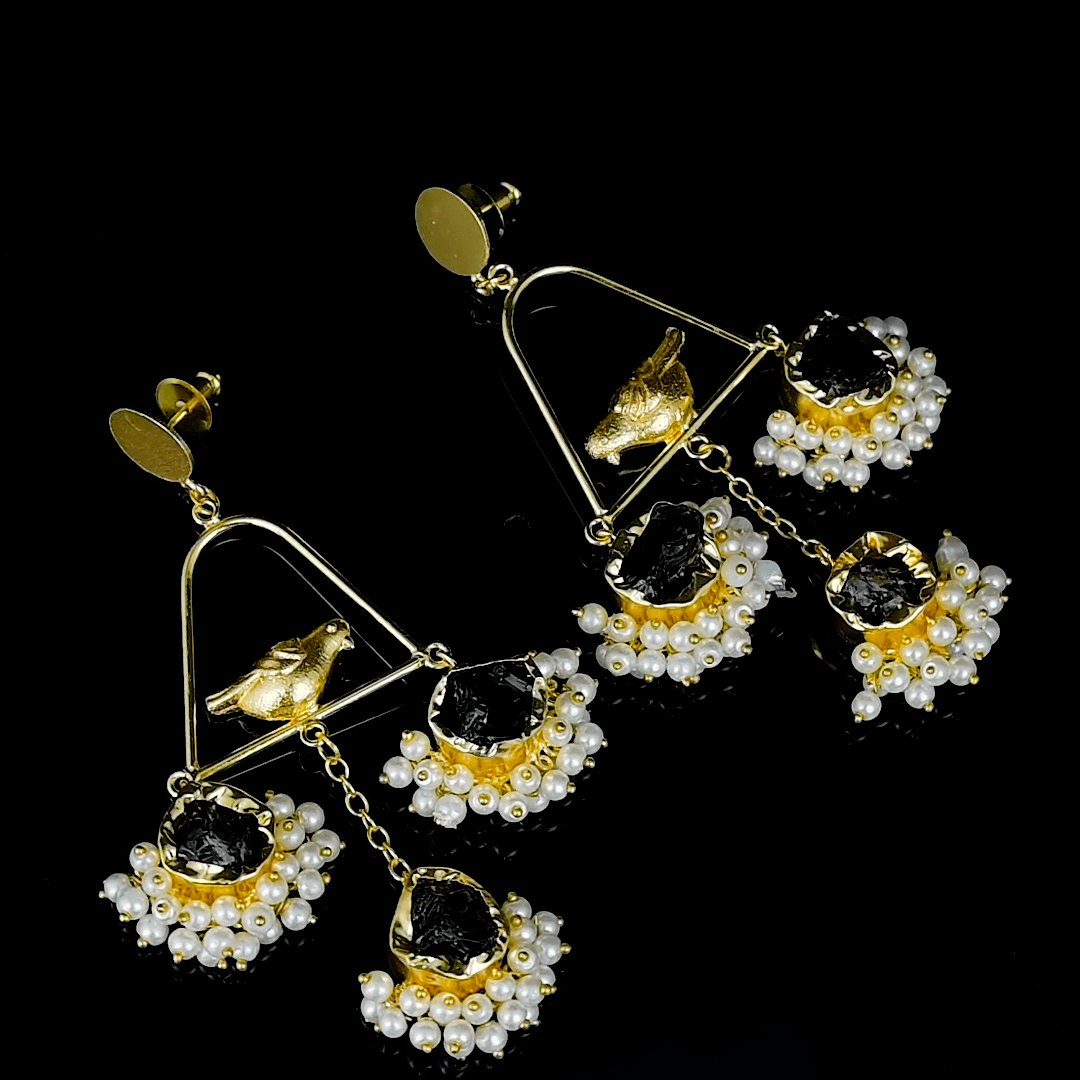 Pearl & Gemstone Brass Floral Stud Earring