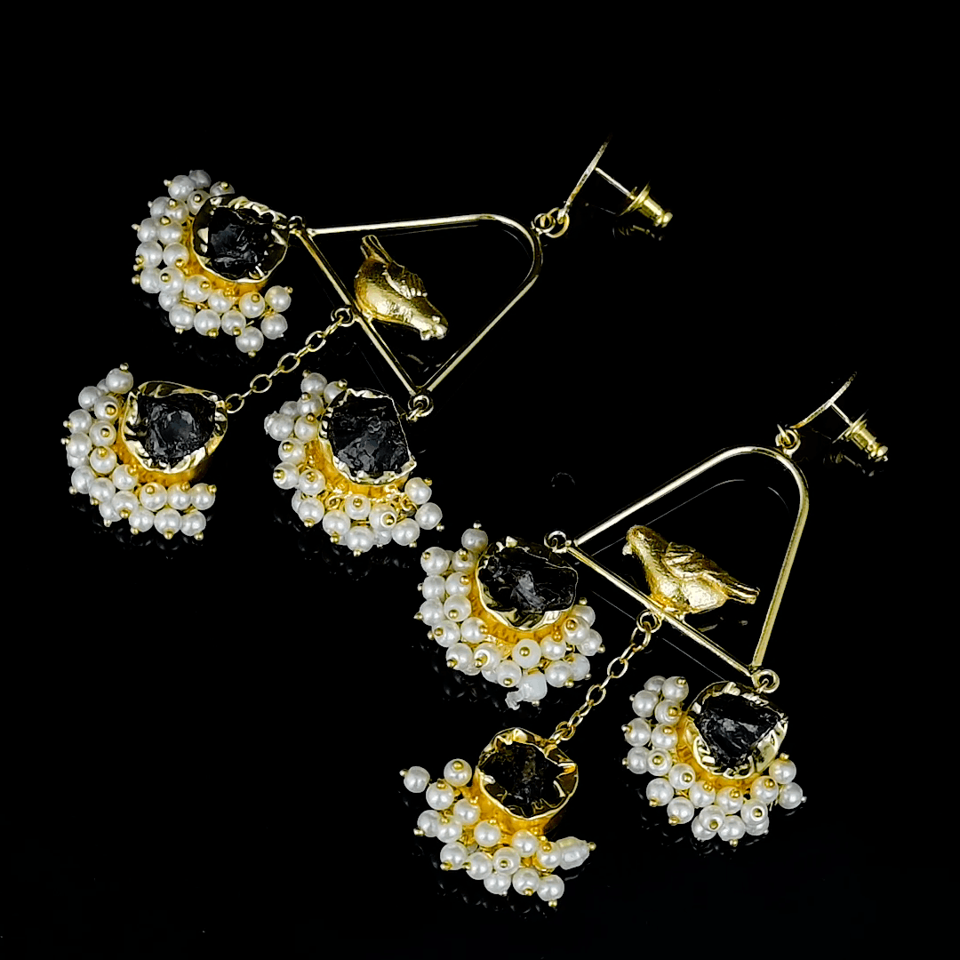 Pearl & Gemstone Brass Floral Stud Earring
