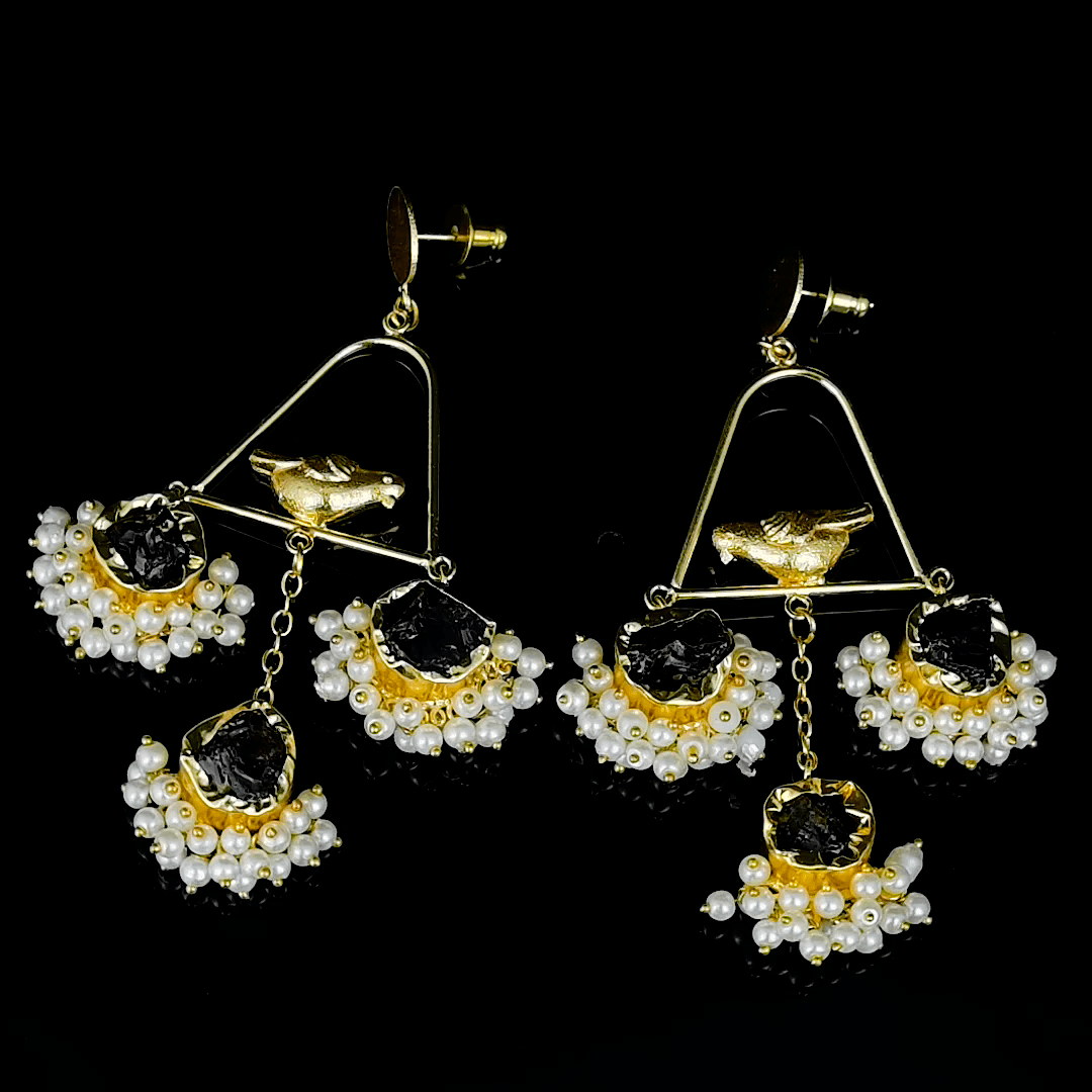 Pearl & Gemstone Brass Floral Stud Earring