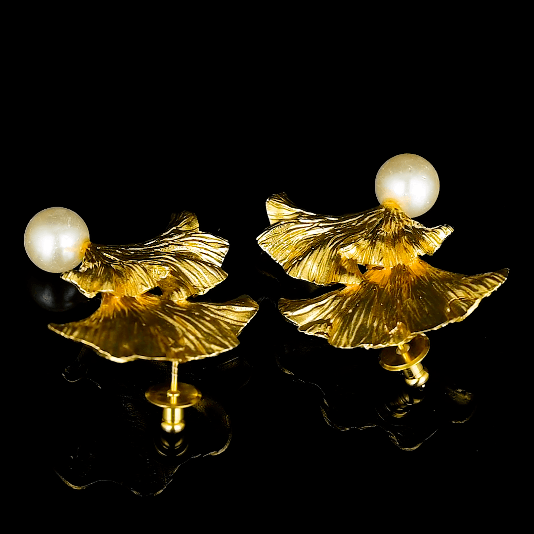 Pearl Brass Ginkgo Stud Earring