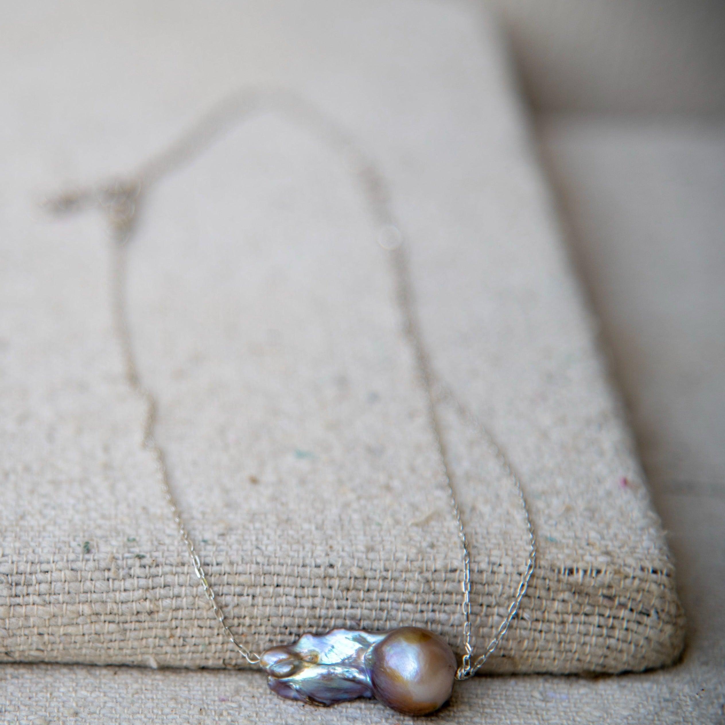 Rainbow Pearl Silver Plated Double Chain Pendant