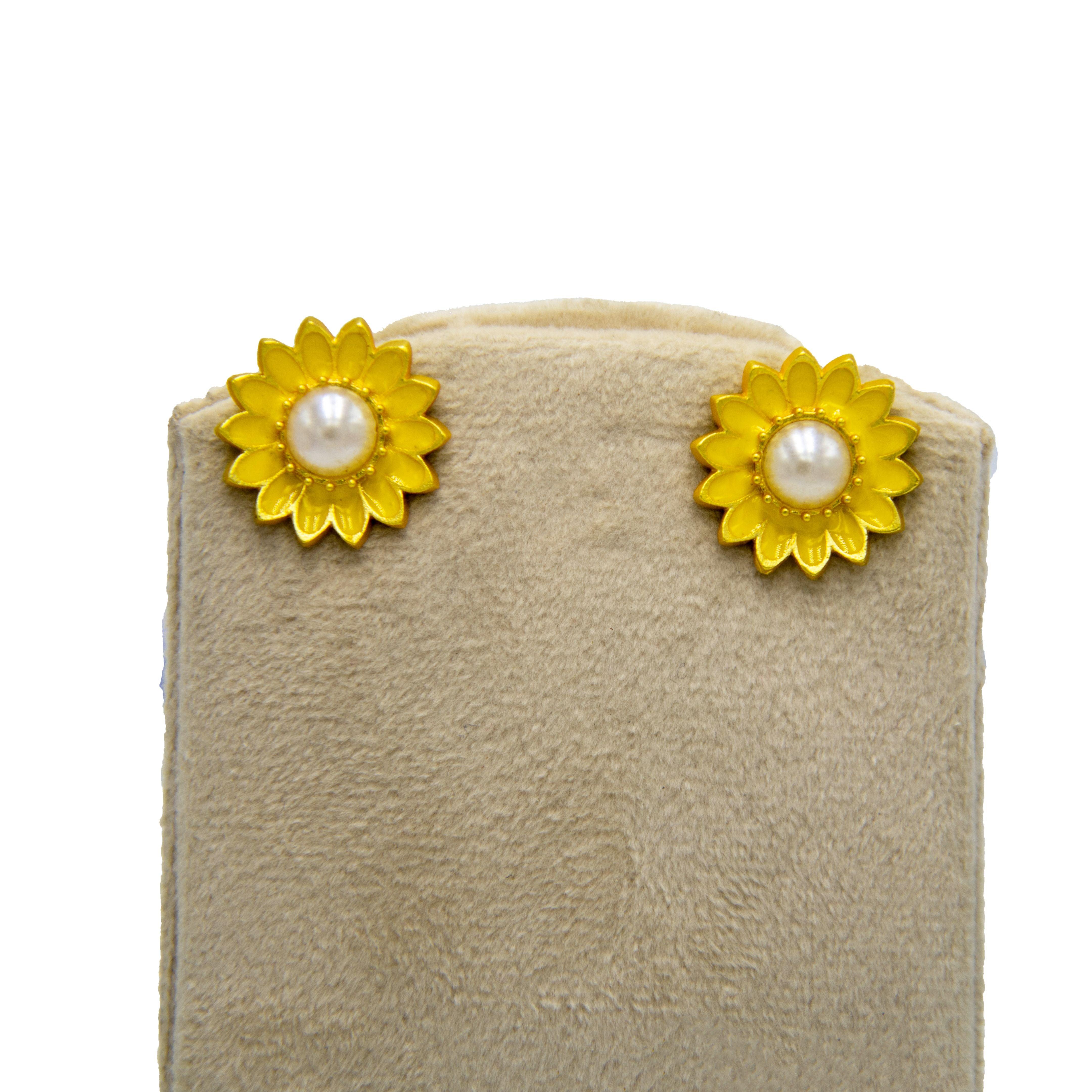 Sunflower style enameled Flash Gold Plated stud earring