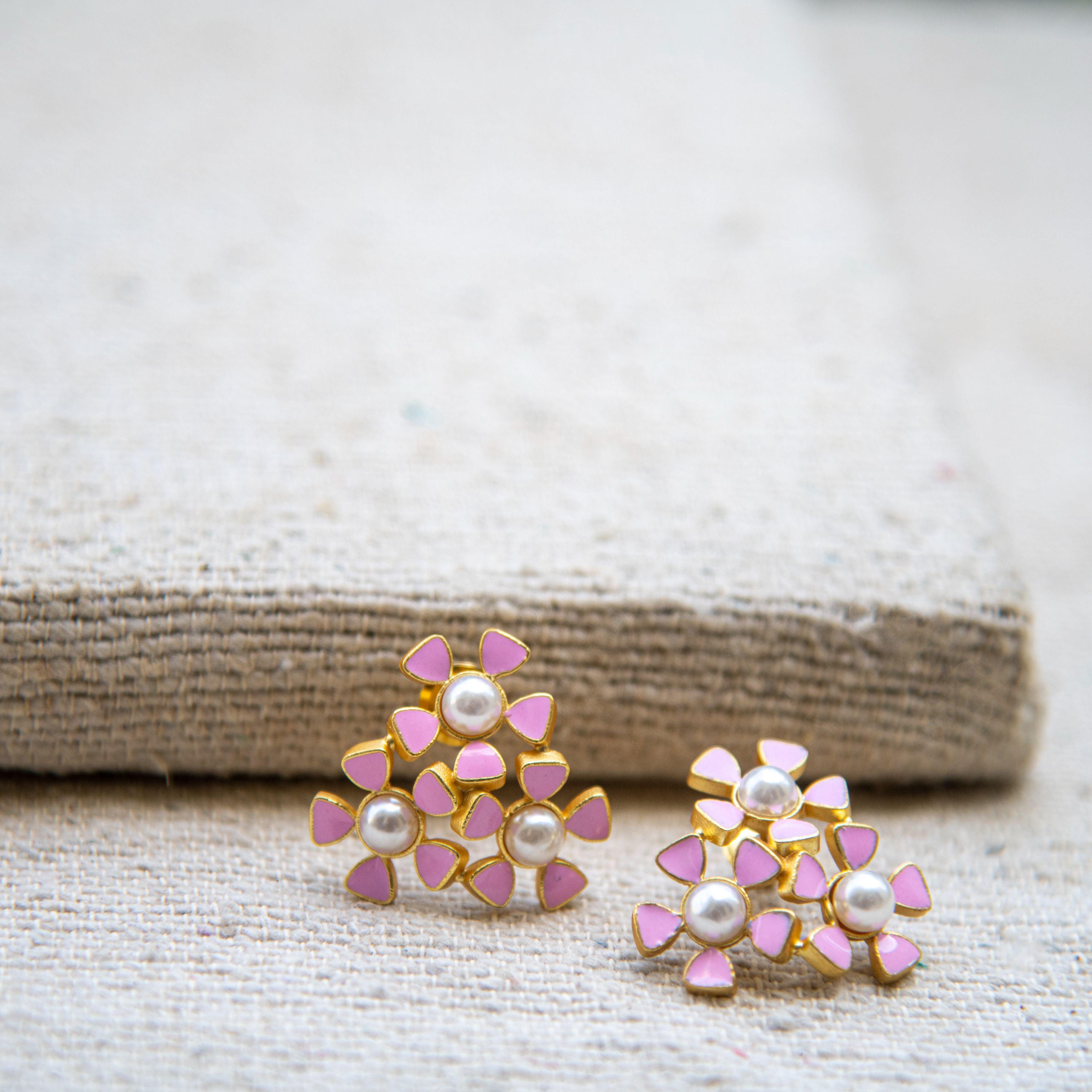 Tri-Flower  Enameled Flash Gold Plated Stud Earing