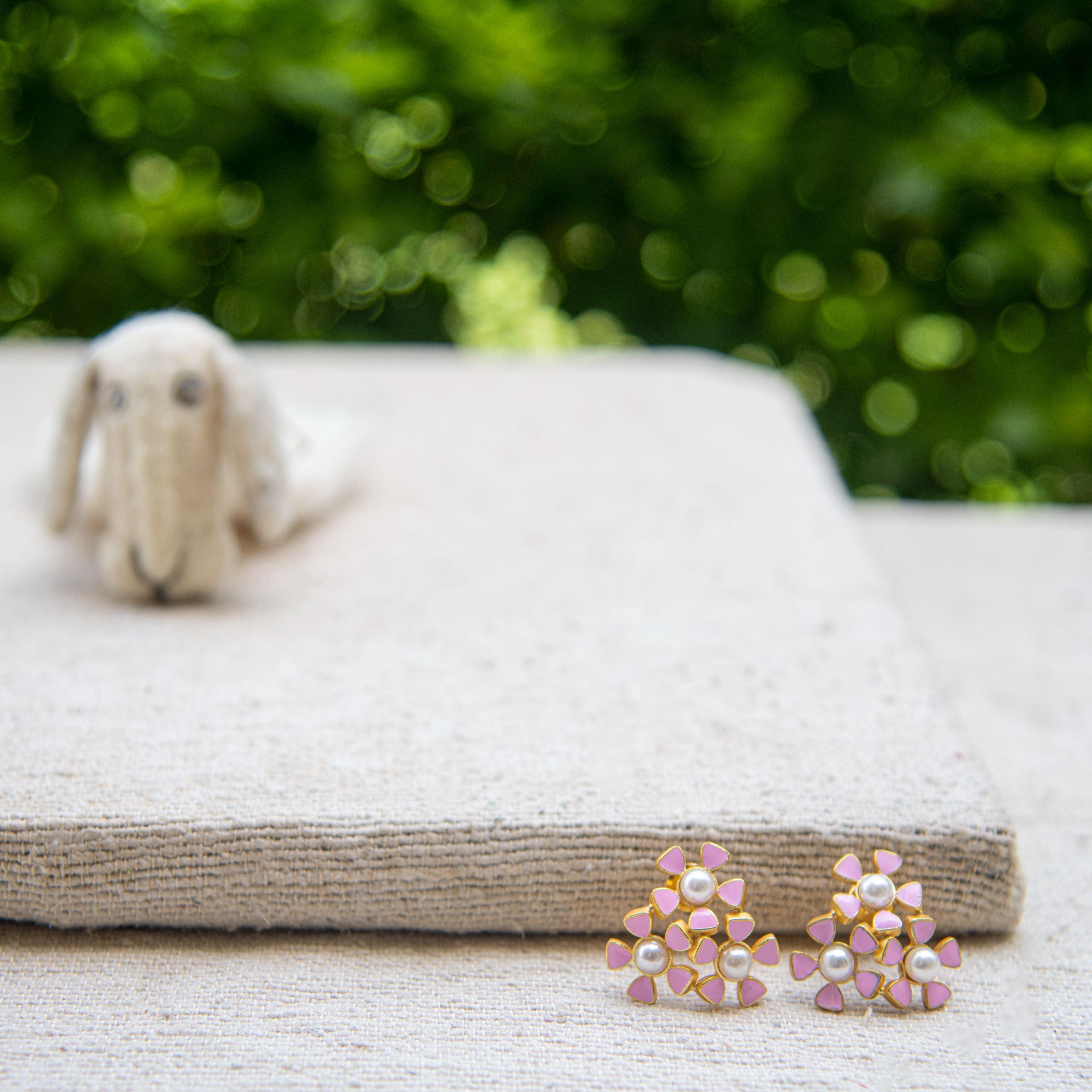 Tri-Flower  Enameled Flash Gold Plated Stud Earing