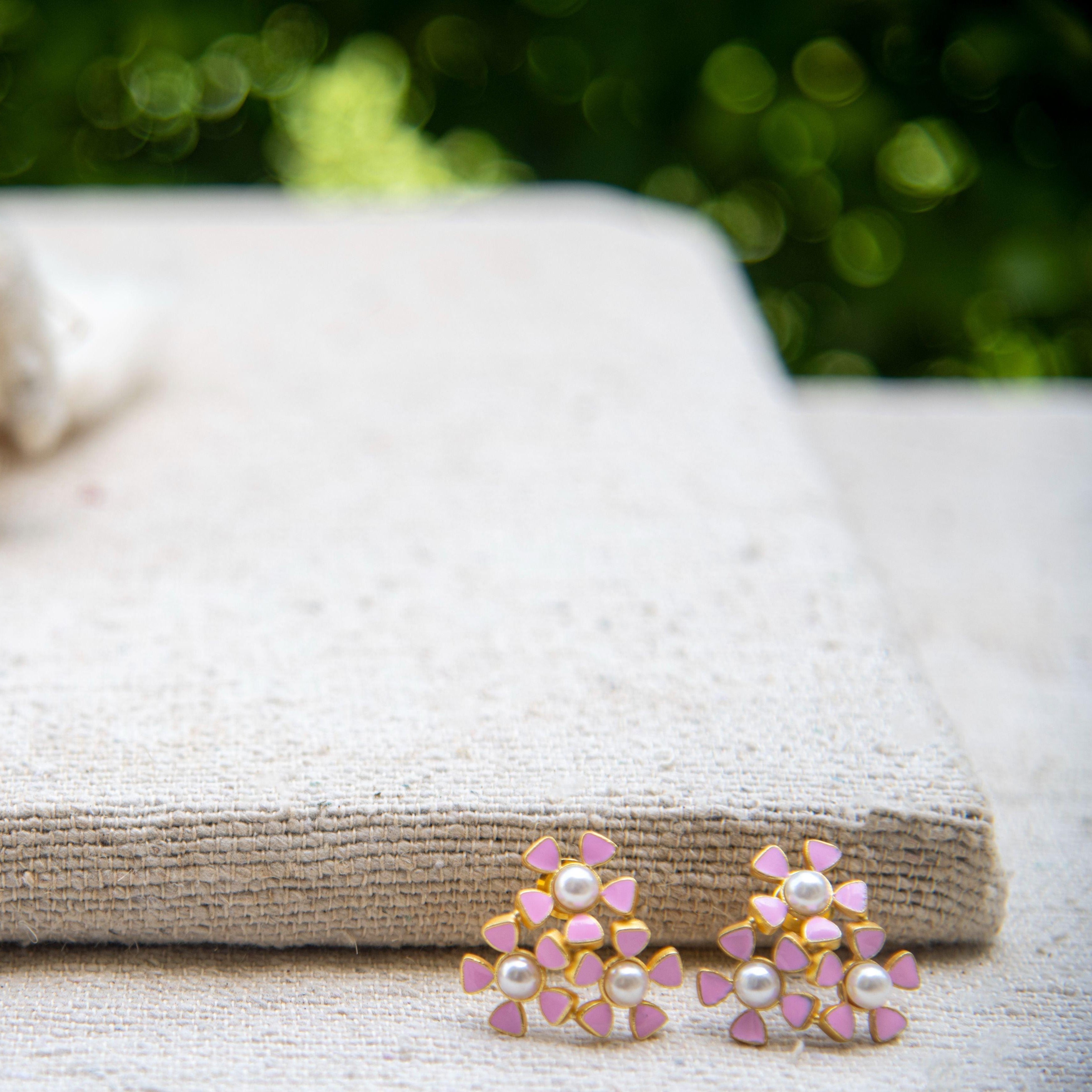 Tri-Flower  Enameled Flash Gold Plated Stud Earing