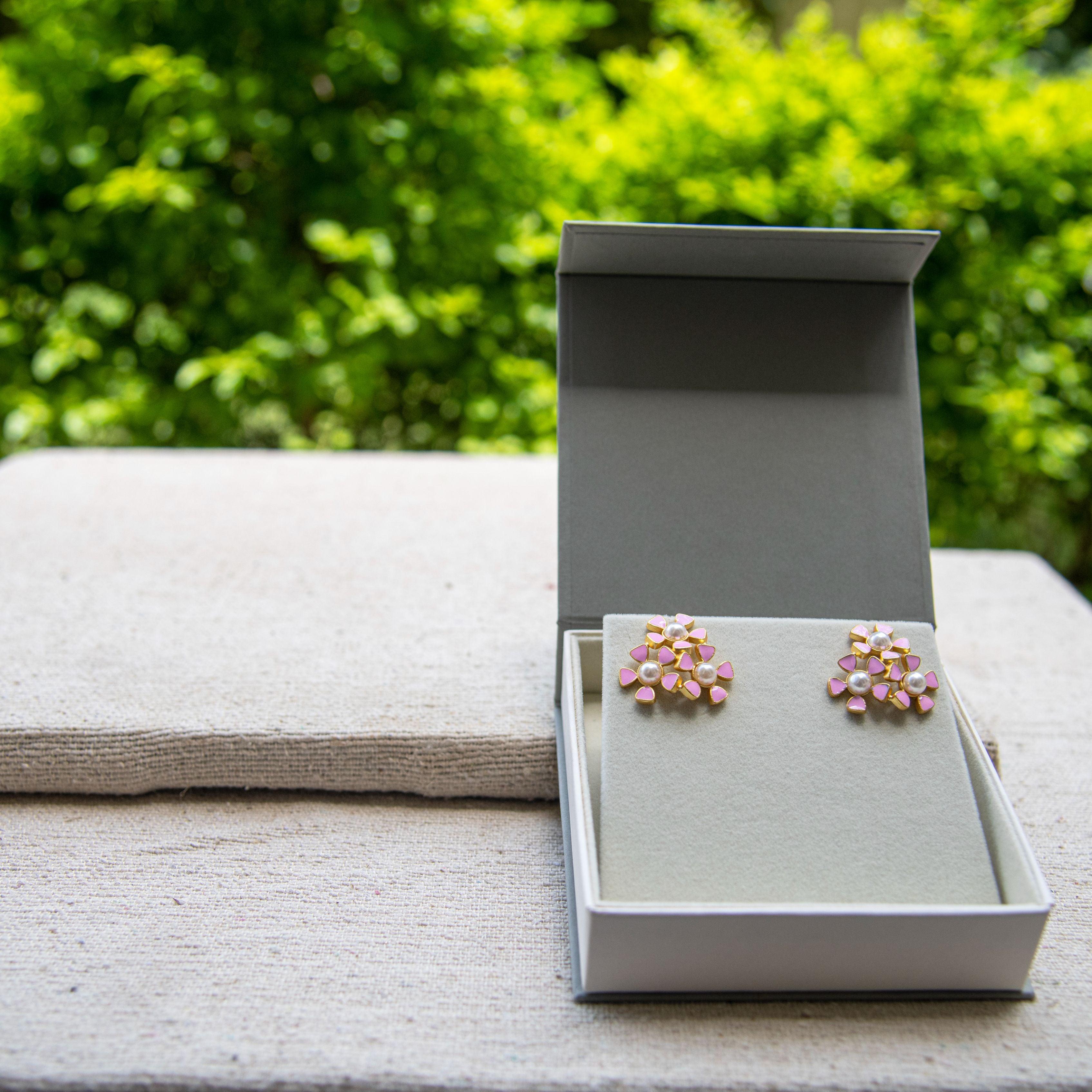 Tri-Flower  Enameled Flash Gold Plated Stud Earing