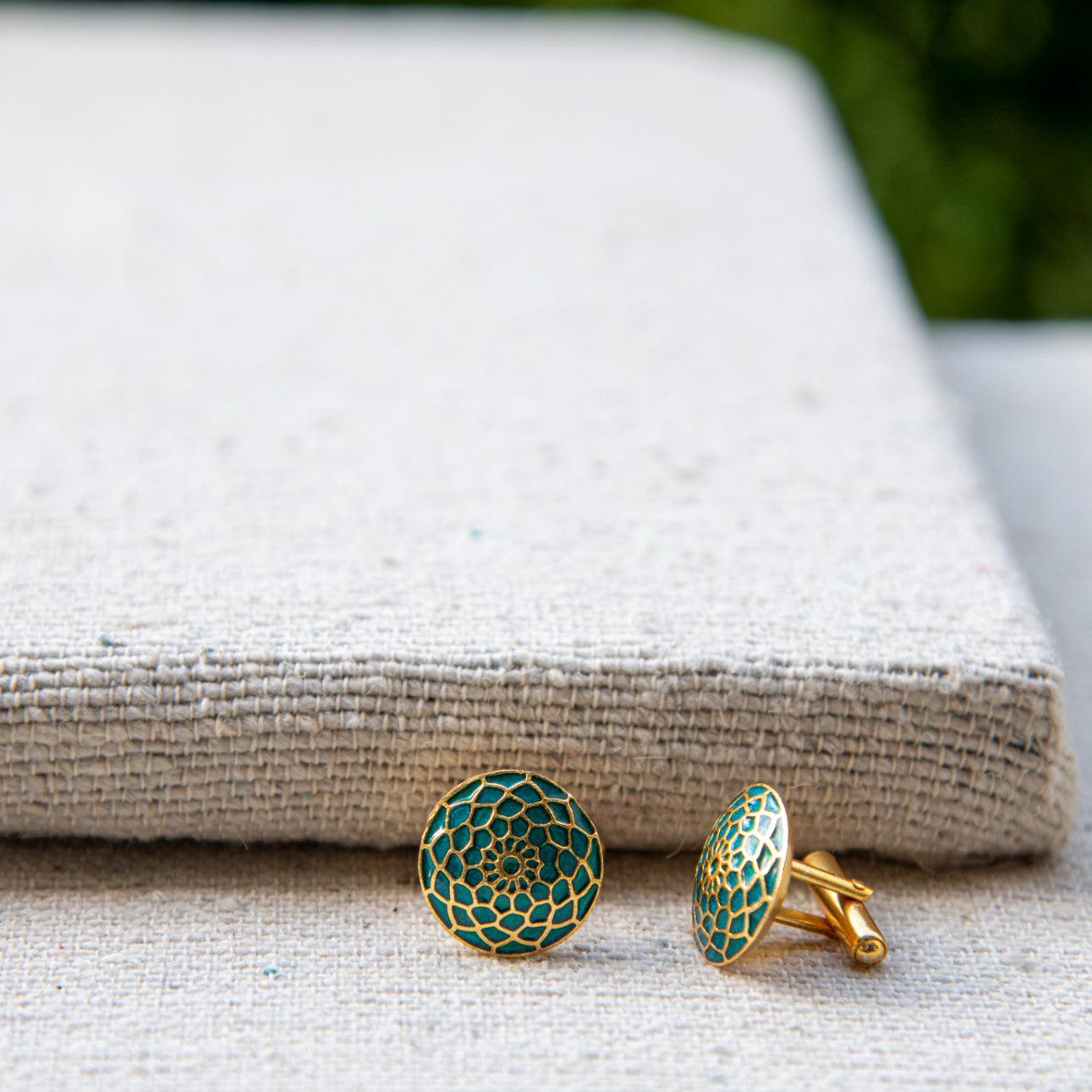 Turquoise Enameled Flower Cufflinks