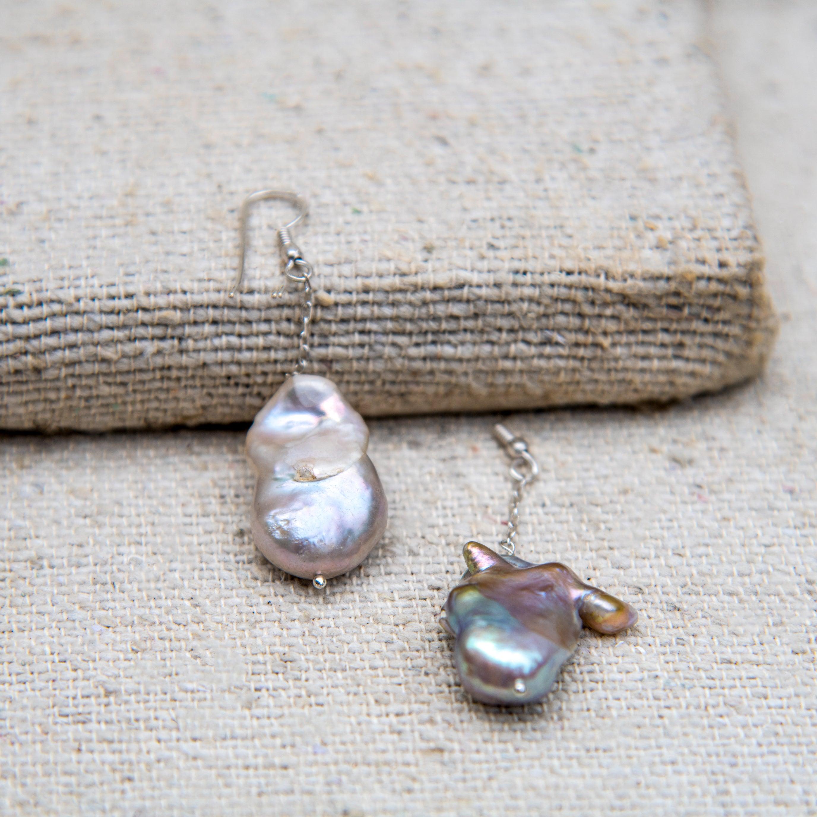 Uneven Rainbow Pearl Silver Plated Dangler Hook Earring