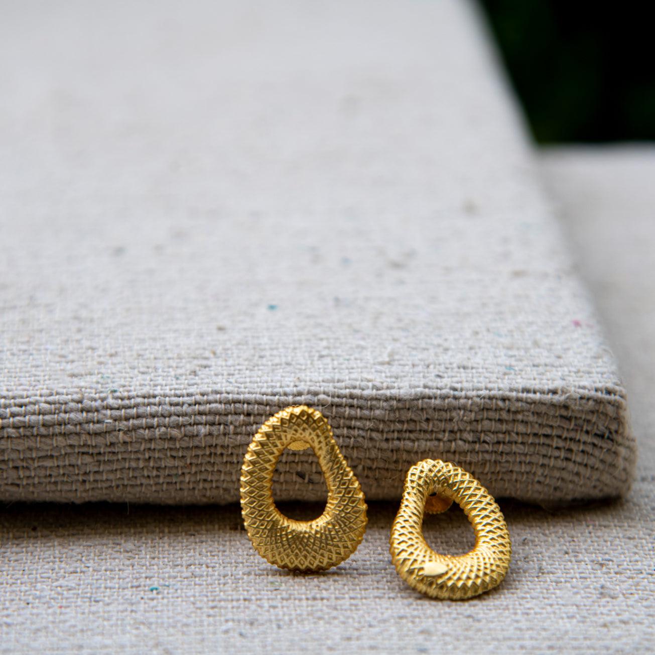 Uneven Textured Oval Gold Brass Plated Earring