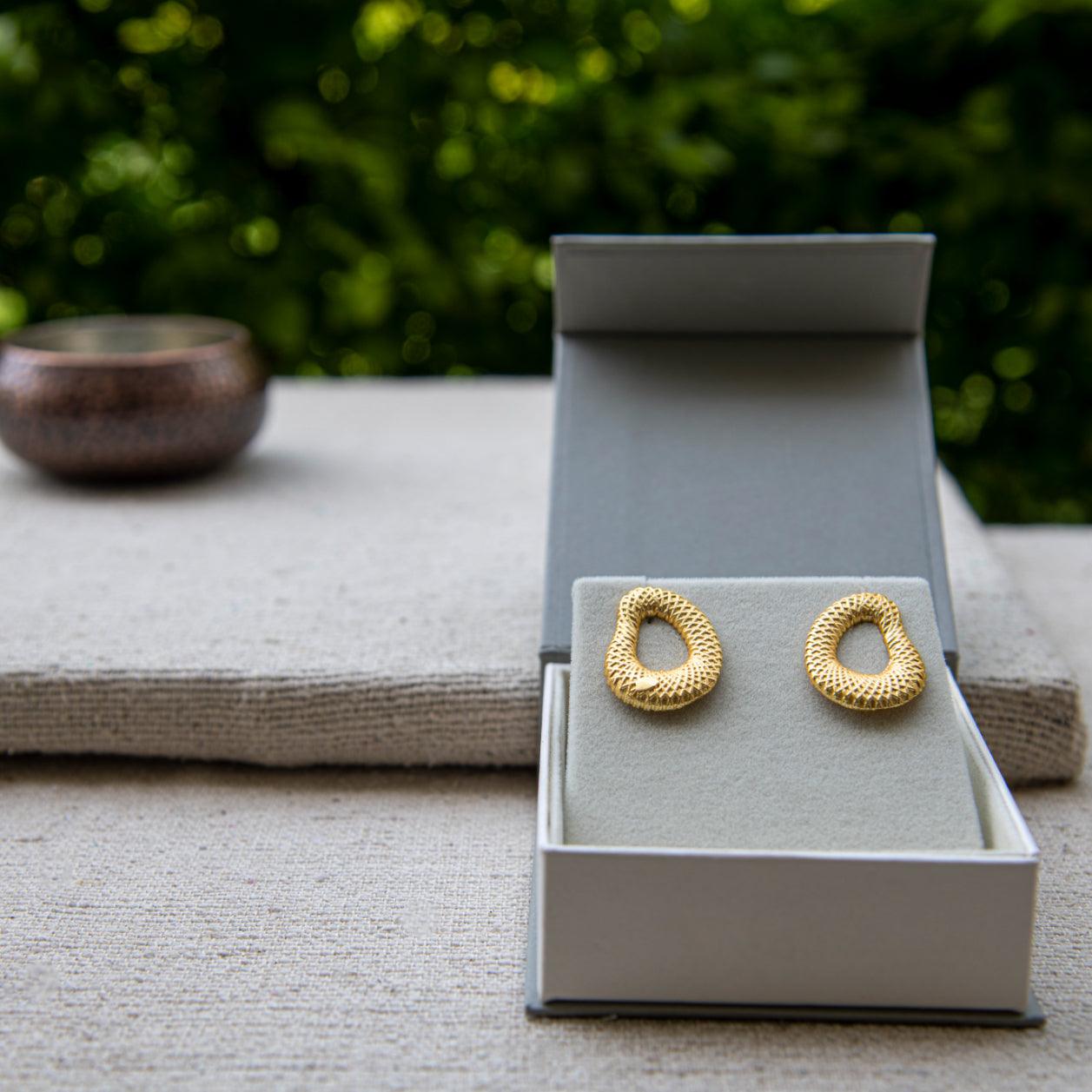 Uneven Textured Oval Gold Brass Plated Earring