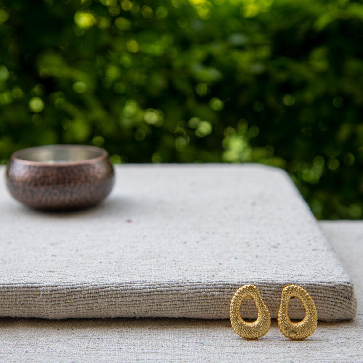 Uneven Textured Oval Gold Brass Plated Earring